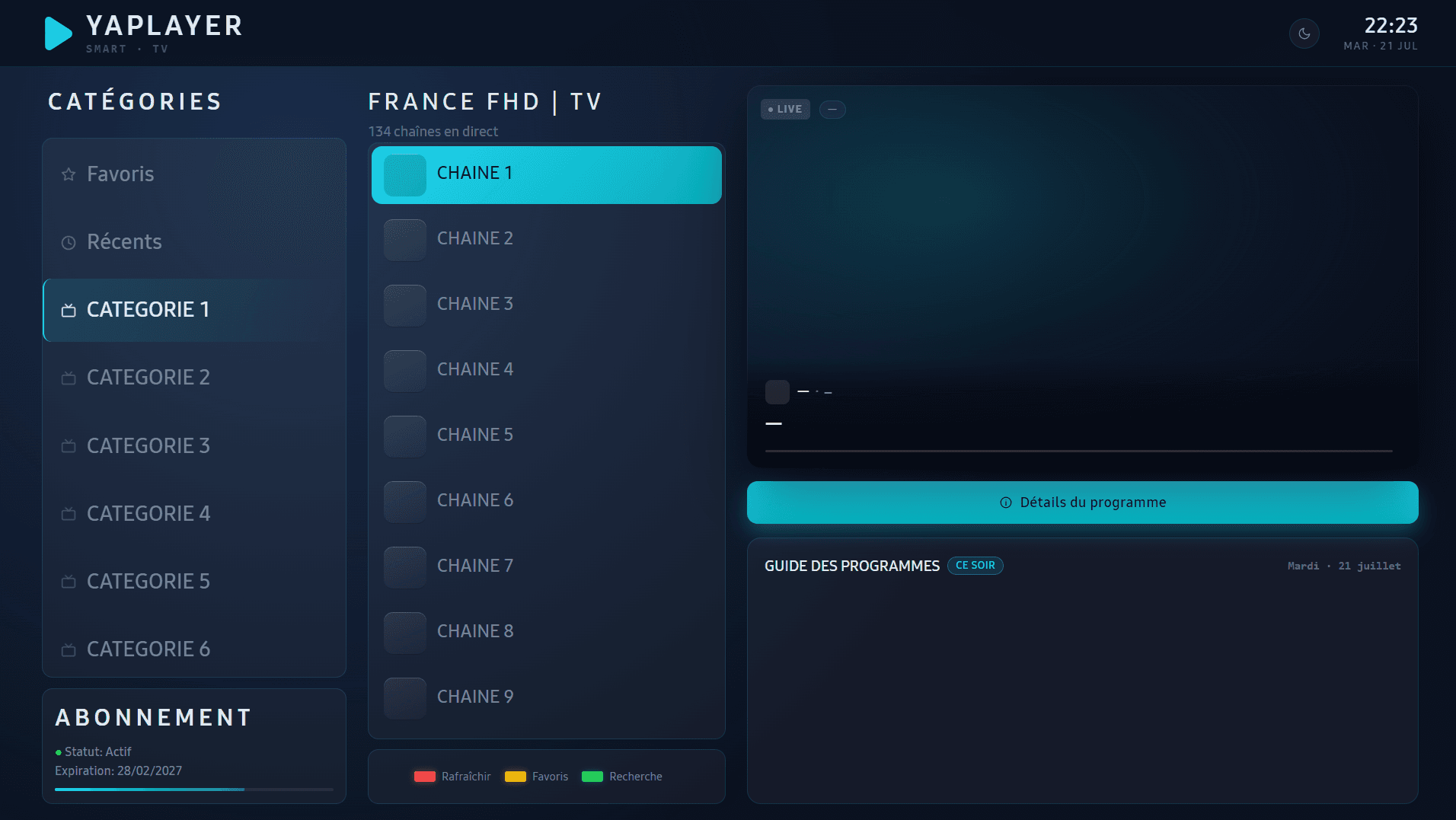 Interface Live TV de YAPlayer : catégories, liste de chaînes et guide des programmes