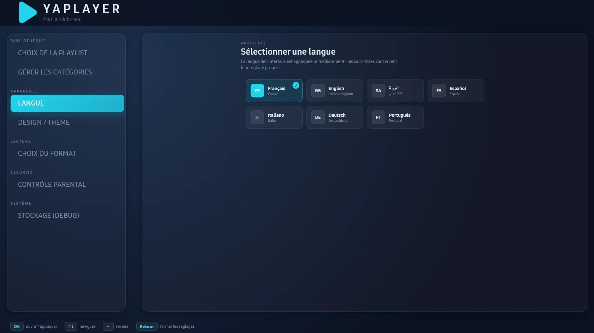 Écran de sélection de la langue de l'interface YAPlayer